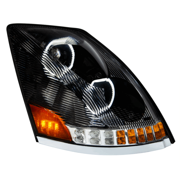 Volvo VN/VNL 2003–2017 LED Headlight w/ Halo & Sequential Turn Signal – Black Driver Side
