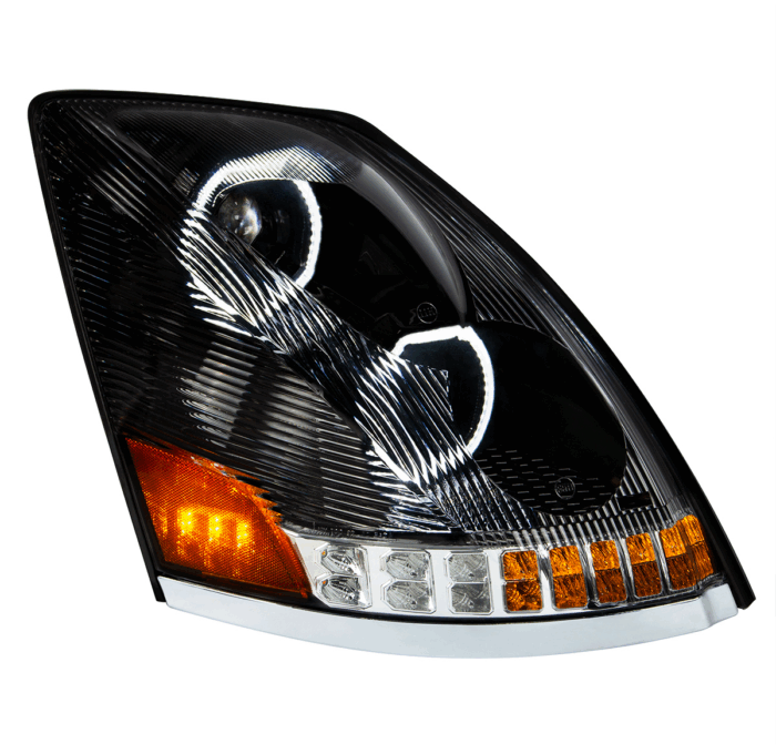 Volvo VN/VNL 2003–2017 LED Headlight w/ Halo & Sequential Turn Signal – Black Driver Side