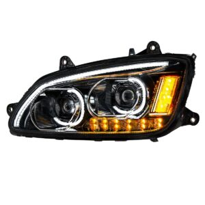 LED Headlight w/ Turn Signal & Light Bar Fits Kenworth T660 (2007–2017) Black- Driver