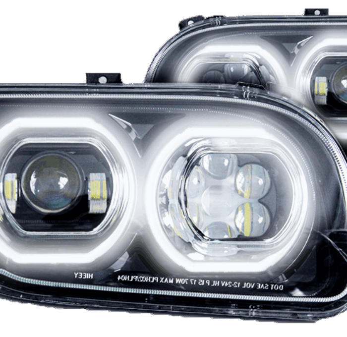 Peterbilt 388 389 Black LED Headlights with Halo Rings Driver