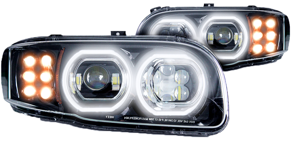 Peterbilt 388 389 Black LED Headlights with Halo Rings Driver