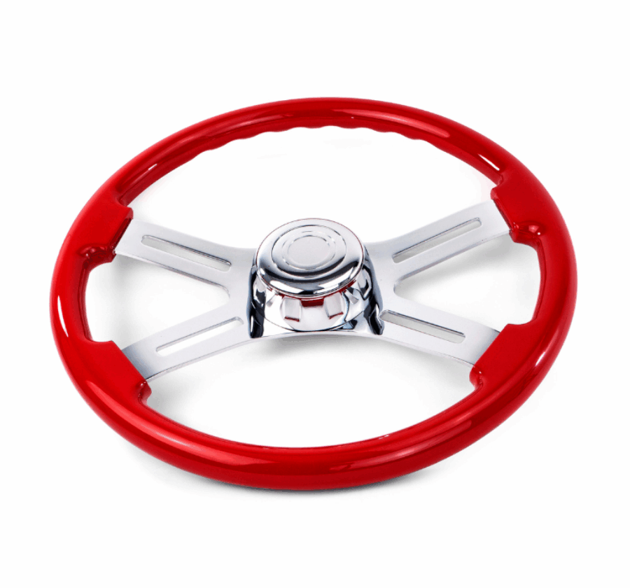18″ Red Wood Steering Wheel with 4 Chrome Spokes