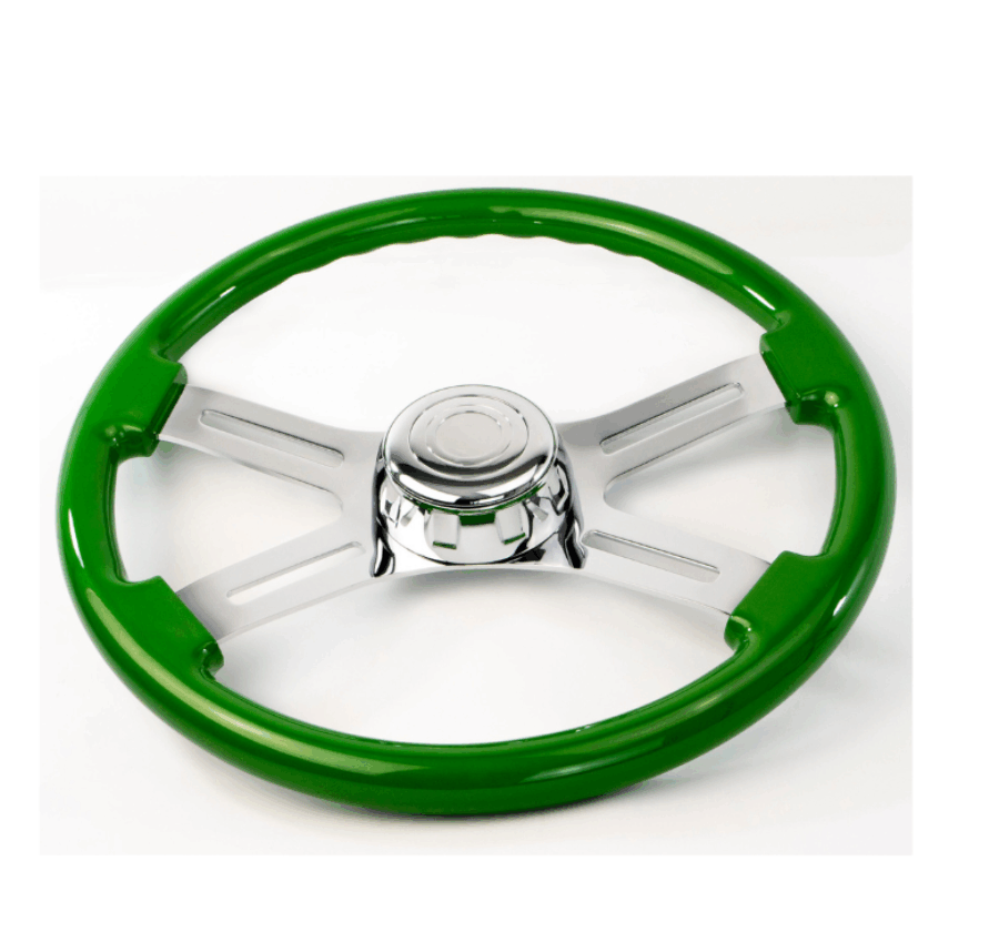 18″ Green Wood Steering Wheel with 4 Chrome Spokes